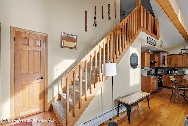 stairway with a baseboard heating unit