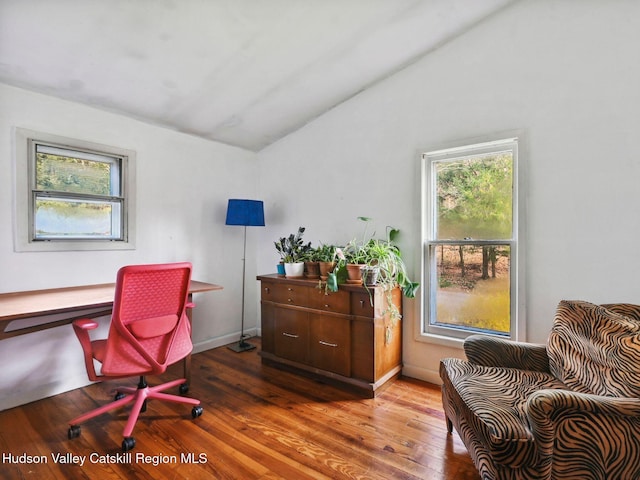 office area with vaulted ceiling and dark hardwood / wood-style floors