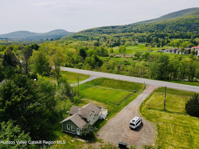 drone / aerial view of a heavily wooded area and mountains