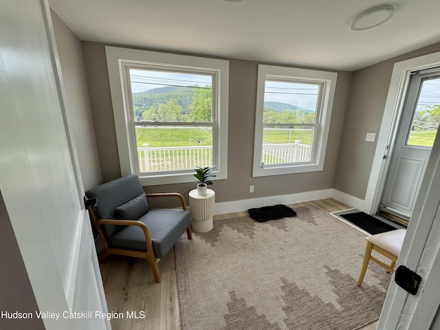 living area featuring wood finished floors and baseboards