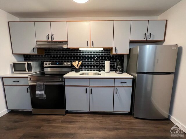 166 Hunter Dr Unit V8, Hunter, NY 12442 - kitchen with stainless steel appliances, under cabinet range hood, a sink, light countertops, and baseboards