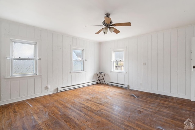 unfurnished room with baseboard heating, wood finished floors, ceiling fan, and wooden walls