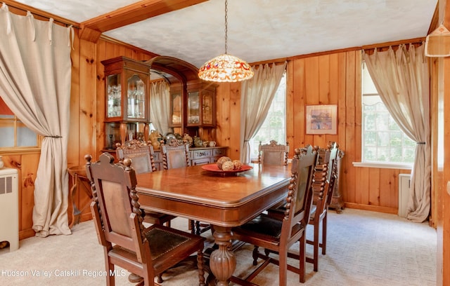 dining room featuring wood walls, plenty of natural light, and light carpet