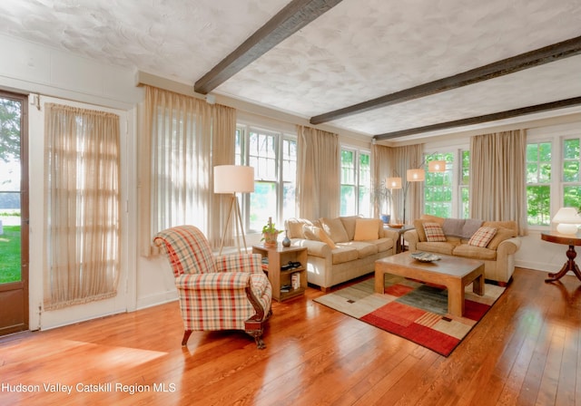 living room with beamed ceiling and light hardwood / wood-style flooring