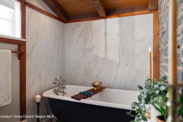 18 Striebel Rd, Woodstock, NY 12498 - full bath featuring a soaking tub, wood ceiling, and beamed ceiling
