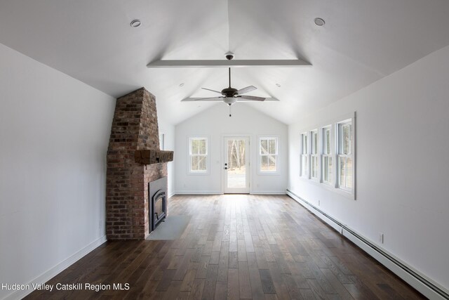 18 Striebel Rd, Woodstock, NY 12498 - unfurnished living room with a ceiling fan, a baseboard radiator, a fireplace, and dark wood-type flooring