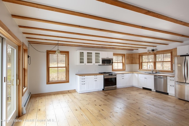 18 Striebel Rd, Woodstock, NY 12498 - kitchen featuring a sink, white cabinetry, beamed ceiling, a baseboard heating unit, and appliances with stainless steel finishes