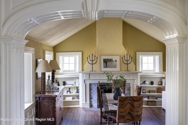18 Striebel Rd, Woodstock, NY 12498 - dining area featuring wood-type flooring, decorative columns, and vaulted ceiling
