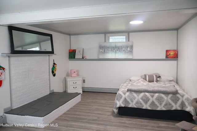 bedroom with hardwood / wood-style flooring and baseboard heating