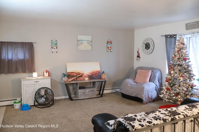 bedroom featuring carpet floors and a baseboard radiator