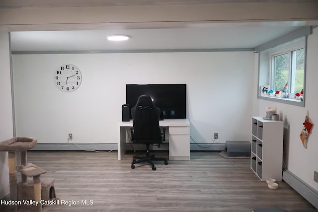 home office featuring wood-type flooring and a baseboard radiator