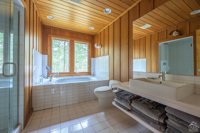 5015 Crow Hill Rd, Austerlitz, NY 12165 - bathroom featuring wooden ceiling, toilet, vanity, a garden tub, and tile patterned floors