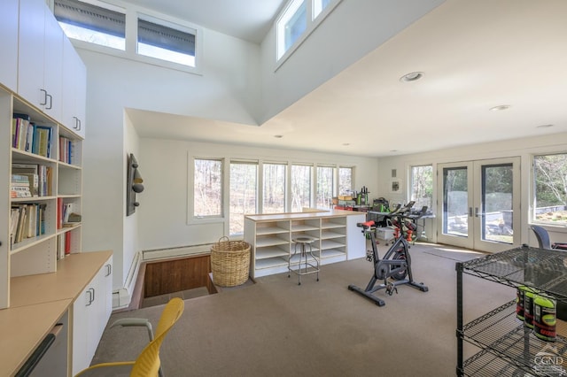 5015 Crow Hill Rd, Austerlitz, NY 12165 - exercise area with carpet flooring, french doors, a baseboard radiator, and recessed lighting