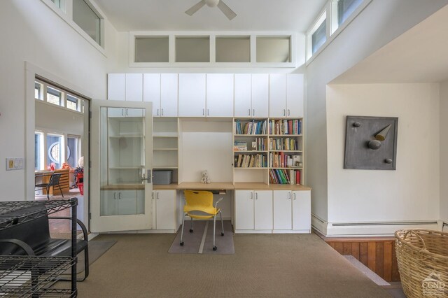 5015 Crow Hill Rd, Austerlitz, NY 12165 - office space featuring a towering ceiling, a baseboard heating unit, healthy amount of natural light, ceiling fan, and carpet floors