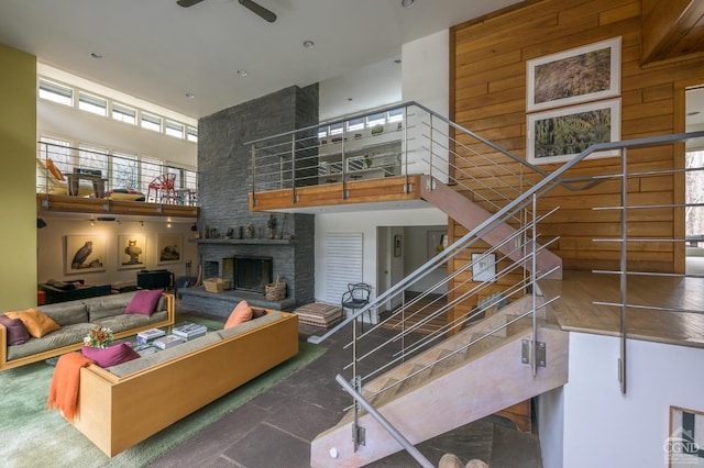 5015 Crow Hill Rd, Austerlitz, NY 12165 - living area with a high ceiling, a fireplace, and ceiling fan