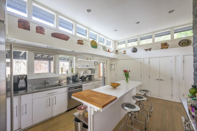 5015 Crow Hill Rd, Austerlitz, NY 12165 - kitchen with dishwasher, open shelves, a sink, stainless steel counters, and white cabinets