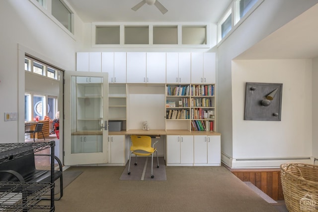 5015 Crow Hill Rd, Austerlitz, NY 12165 - office space featuring a towering ceiling, a baseboard heating unit, healthy amount of natural light, ceiling fan, and carpet floors