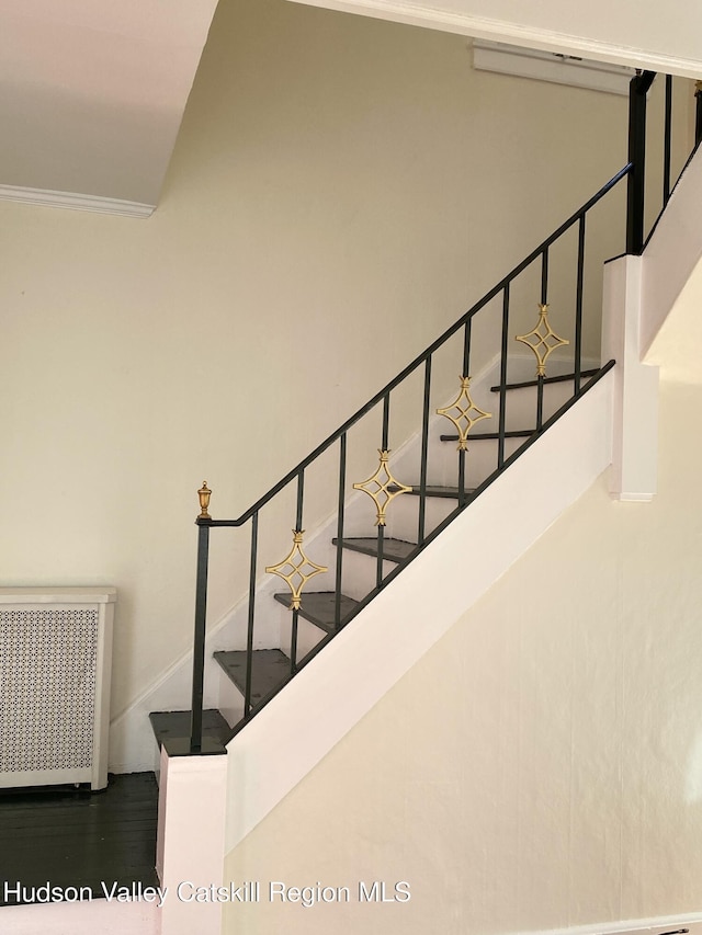 staircase with hardwood / wood-style floors, radiator heating unit, and ornamental molding