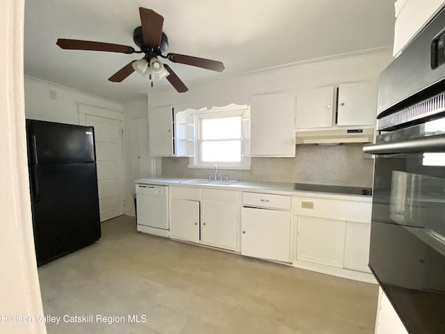 kitchen with white cabinetry, sink, crown molding, decorative backsplash, and black appliances