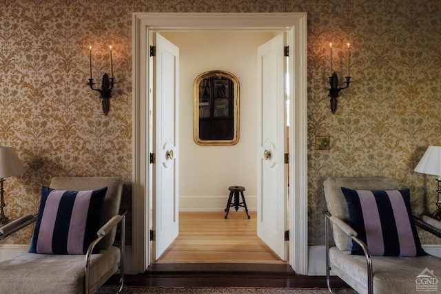 152 William St, Catskill, NY 12414 - corridor with wallpapered walls, wood finished floors, and baseboards