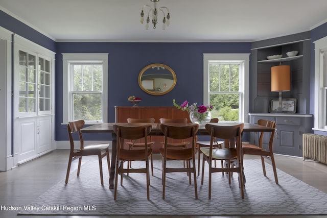4170 Rte 9w, West Camp, NY 12477 - dining area with ornamental molding, plenty of natural light, a chandelier, radiator, and wood finished floors