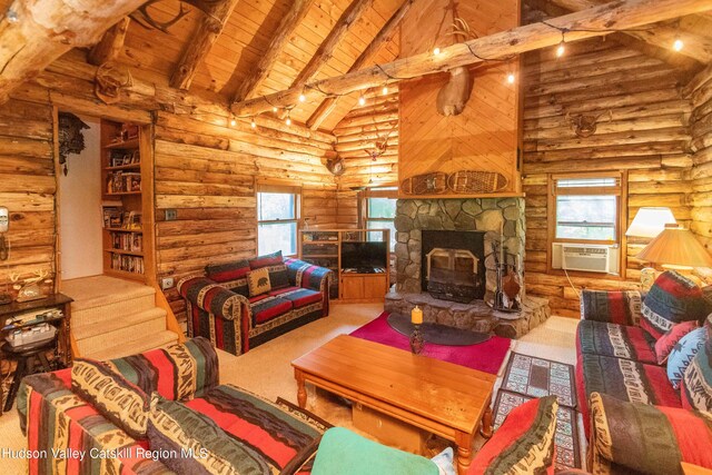 carpeted living room with beam ceiling, rustic walls, and a wealth of natural light