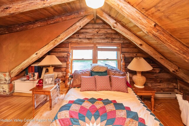 unfurnished bedroom with vaulted ceiling with beams, wood-type flooring, log walls, and wooden ceiling