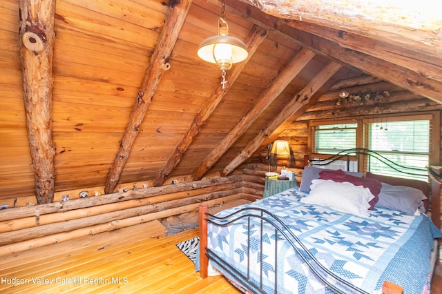 unfurnished bedroom featuring vaulted ceiling with beams, wood-type flooring, log walls, and wooden ceiling