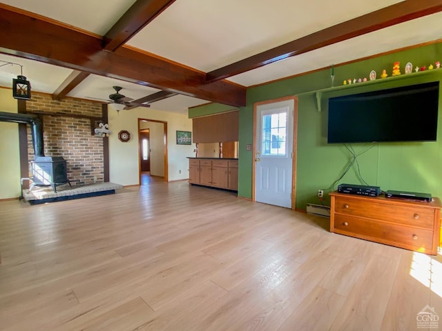 20 Joslen Pl, Hudson, NY 12534 - unfurnished living room with beam ceiling, a wood stove, wood finished floors, a ceiling fan, and baseboard heating