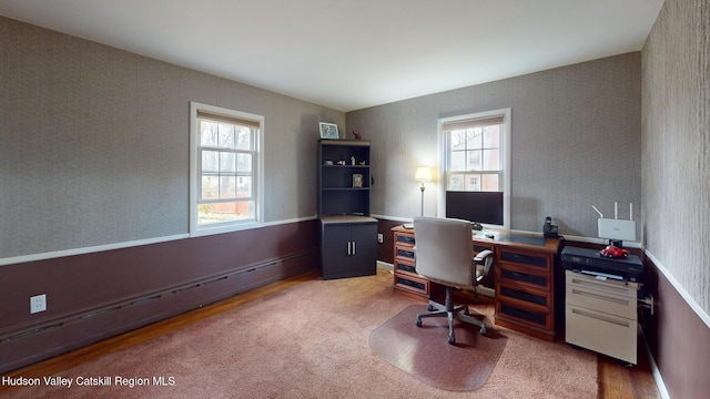 office space featuring a healthy amount of sunlight and baseboard heating