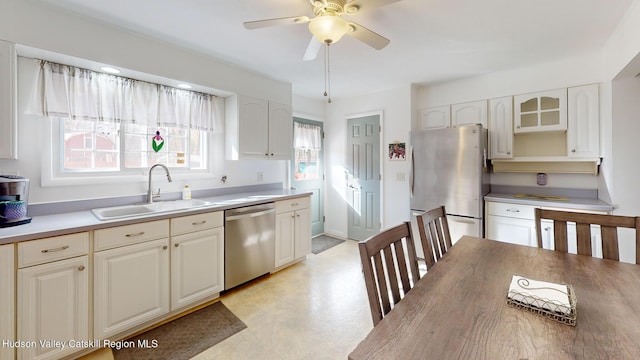 kitchen with white cabinetry, ceiling fan, appliances with stainless steel finishes, and sink