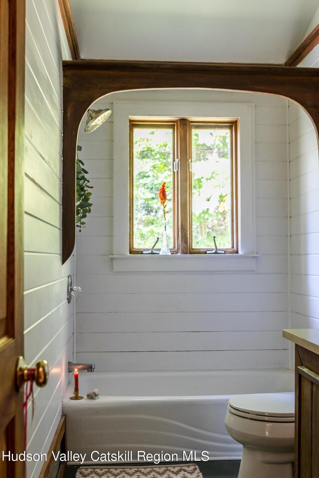 bathroom with vanity, toilet, and wooden walls