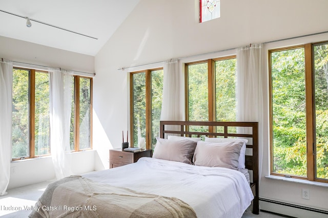 carpeted bedroom featuring a baseboard radiator and multiple windows