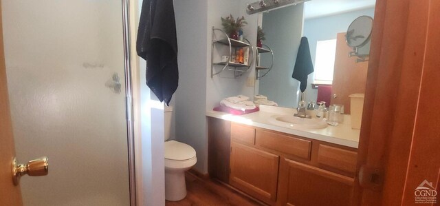 63 Windham Ridge Rd, Windham, NY 12496 - bathroom featuring toilet, a stall shower, vanity, and wood finished floors