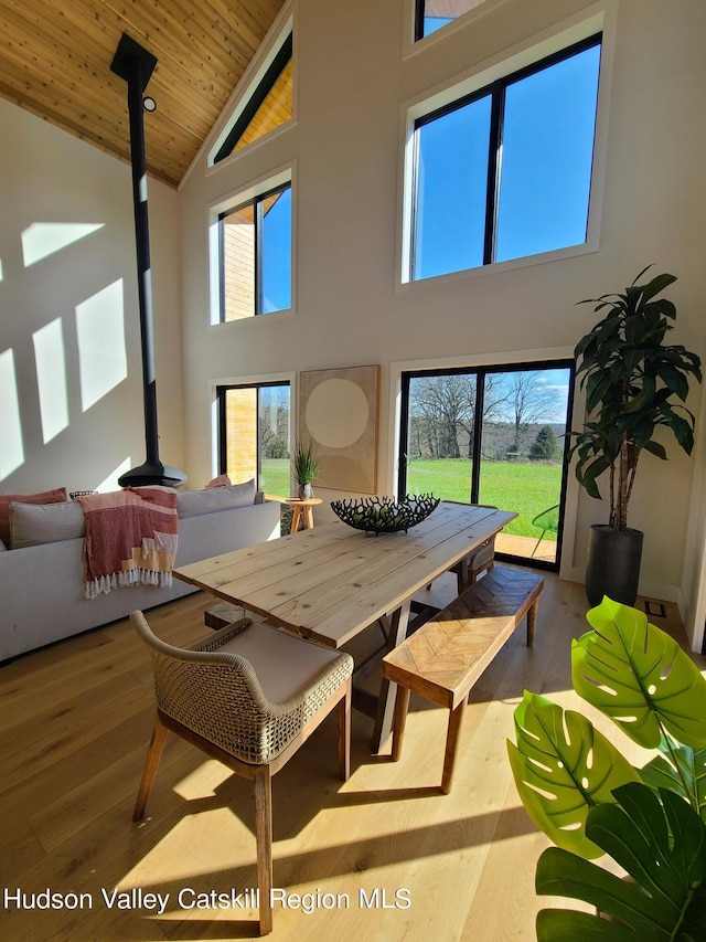 sunroom / solarium featuring wood ceiling and lofted ceiling