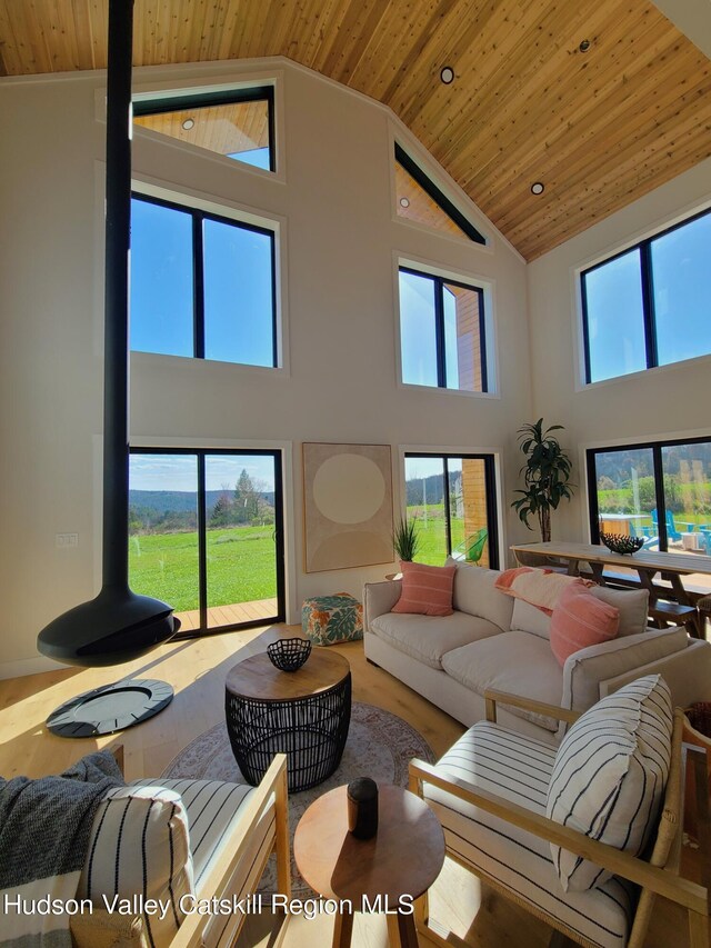 living room with wood-type flooring, high vaulted ceiling, and wood ceiling