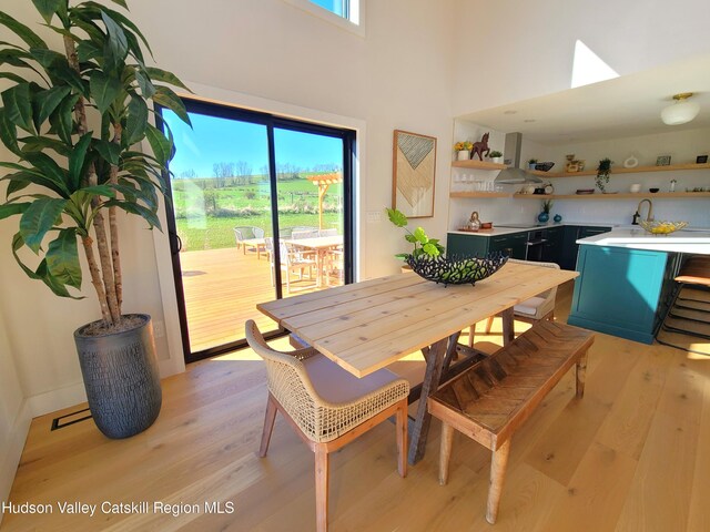 dining space featuring a high ceiling, light hardwood / wood-style floors, and sink