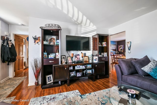 living room with dark hardwood / wood-style flooring