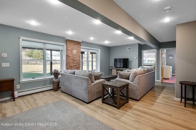 living room featuring light hardwood / wood-style flooring and baseboard heating