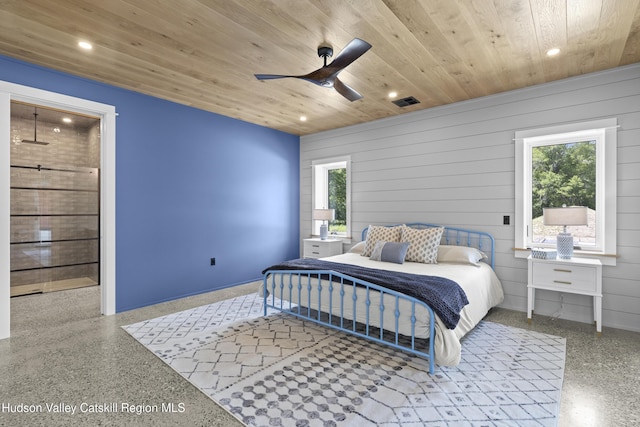 1248 Albany Post Rd, Gardiner, NY 12525 - bedroom with recessed lighting, wooden ceiling, speckle patterned floor, a ceiling fan, and ensuite bath
