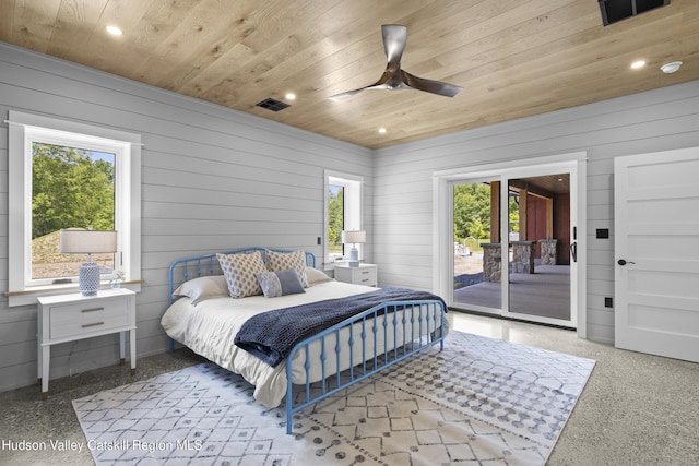1248 Albany Post Rd, Gardiner, NY 12525 - bedroom featuring wood ceiling, access to exterior, speckle patterned floor, recessed lighting, and ceiling fan