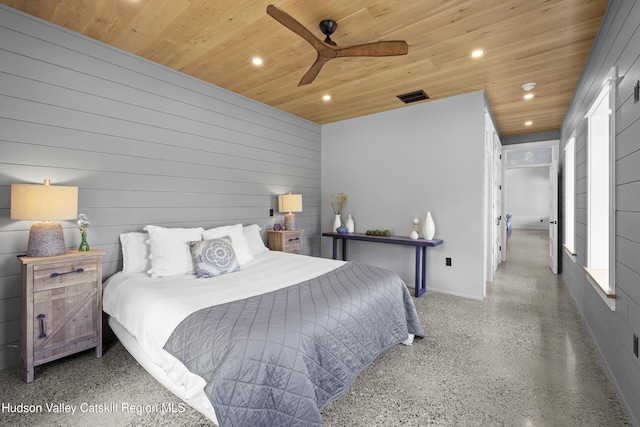 1248 Albany Post Rd, Gardiner, NY 12525 - bedroom featuring recessed lighting, wooden ceiling, speckled floor, wood walls, and ceiling fan