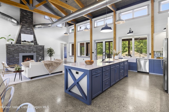 1248 Albany Post Rd, Gardiner, NY 12525 - kitchen featuring blue cabinets, appliances with stainless steel finishes, a towering ceiling, a sink, and open floor plan