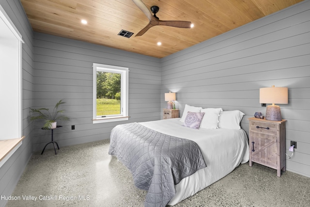 1248 Albany Post Rd, Gardiner, NY 12525 - bedroom featuring wood ceiling, speckled floor, recessed lighting, wood walls, and a ceiling fan