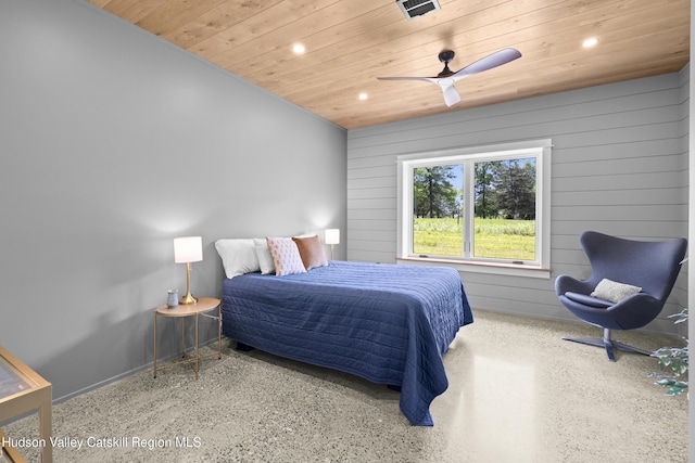 1248 Albany Post Rd, Gardiner, NY 12525 - bedroom featuring wood ceiling, recessed lighting, speckle patterned floor, a ceiling fan, and wooden walls