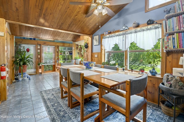 dining area featuring wood ceiling, wood walls, ceiling fan, and a wealth of natural light