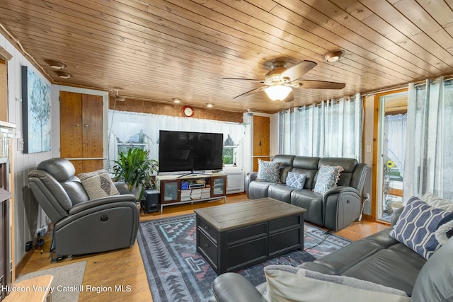 living area featuring a ceiling fan, wood finished floors, and wood ceiling