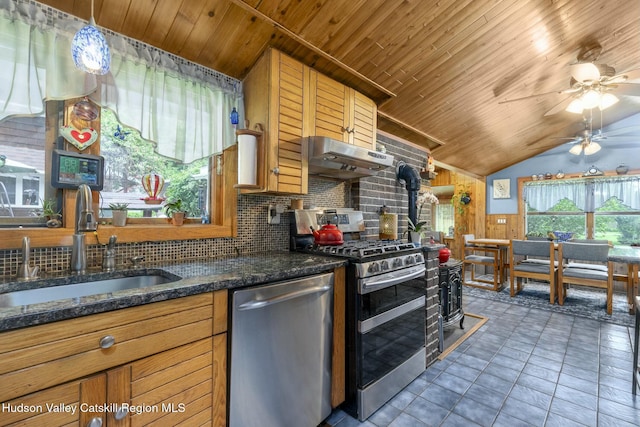 kitchen with appliances with stainless steel finishes, a sink, under cabinet range hood, lofted ceiling, and wooden ceiling