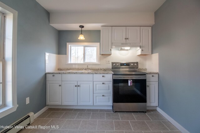 kitchen with white cabinets, stainless steel electric range oven, sink, and a baseboard heating unit