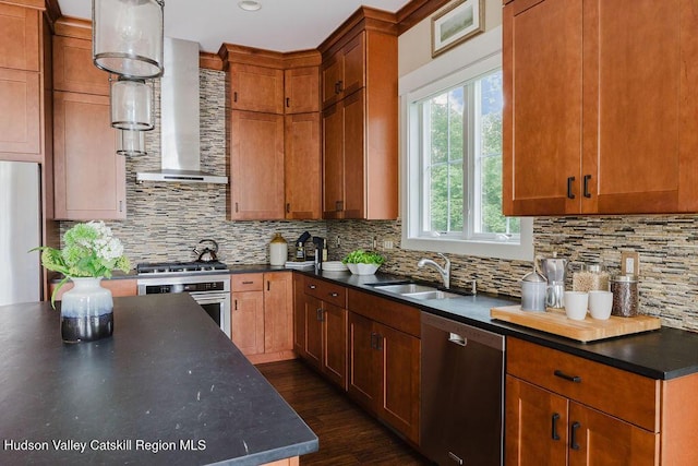 225 Lakeview Rd, Craryville, NY 12521 - kitchen featuring stainless steel appliances, wall chimney range hood, dark countertops, backsplash, and dark wood-style floors